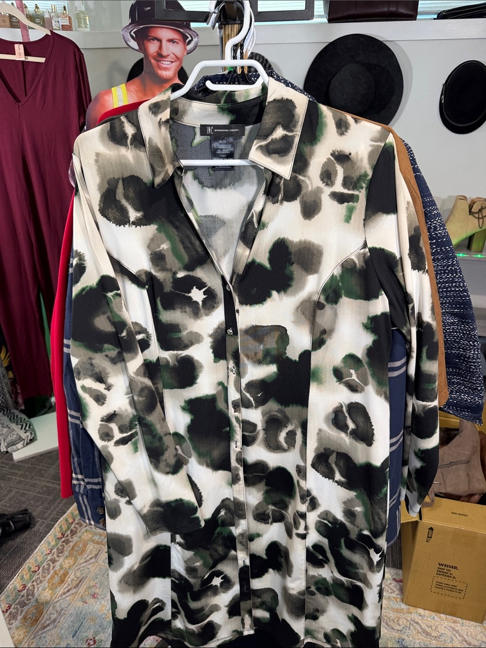 INC International Concepts Black Green White Abstract Print Button up shirt/dres